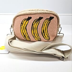 NEW Rare MMS Design Studio Pink Glitter Bananas Crossbody Raffia Bag Purse